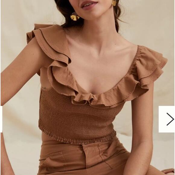 Anthropologie Maeve Ruffled Smocked Top Petite Ruched Stretch Ruffle Cropped 00P - Picture 1 of 9